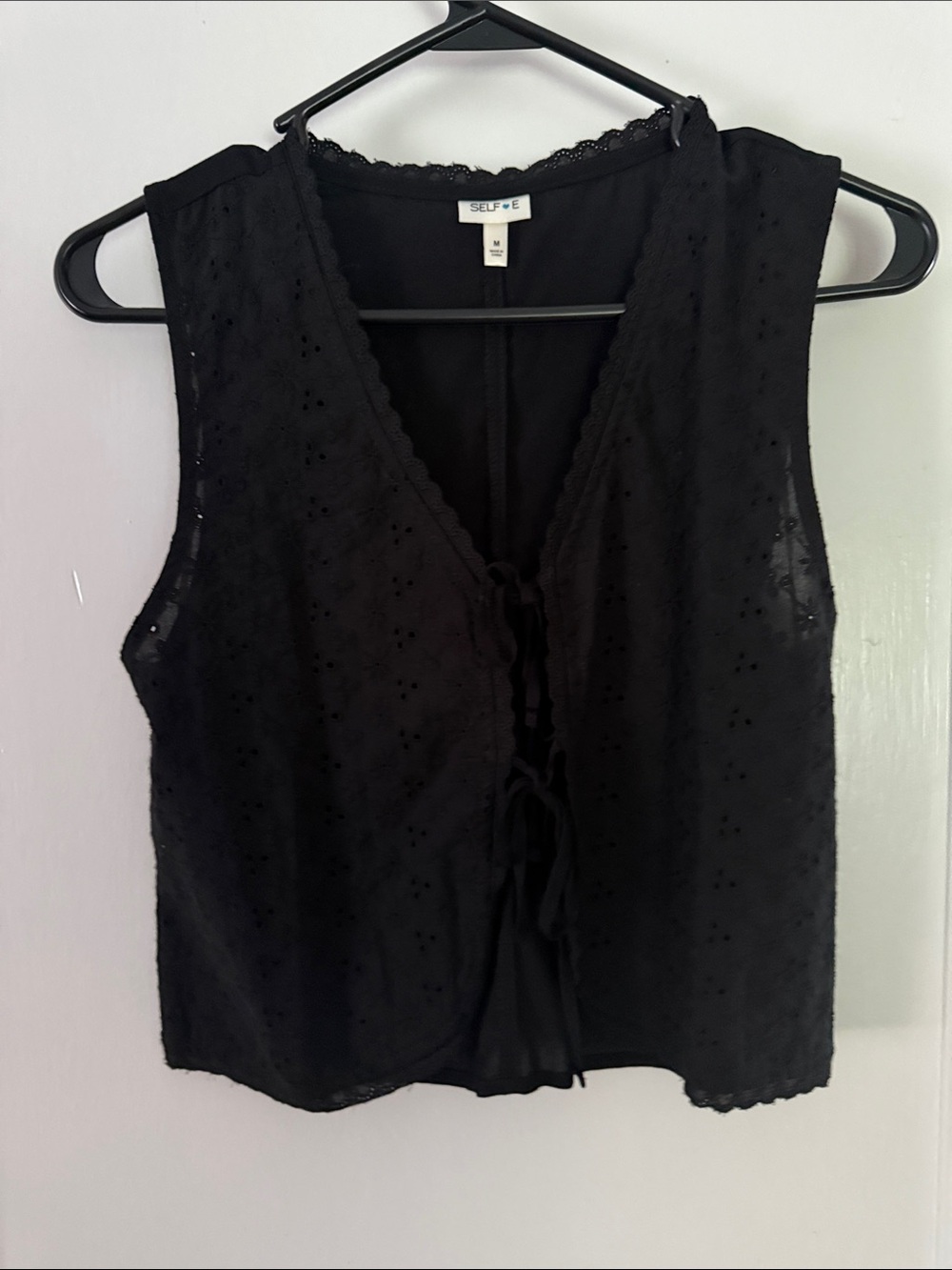 Black Eyelet Tie-Front Sleeveless Top